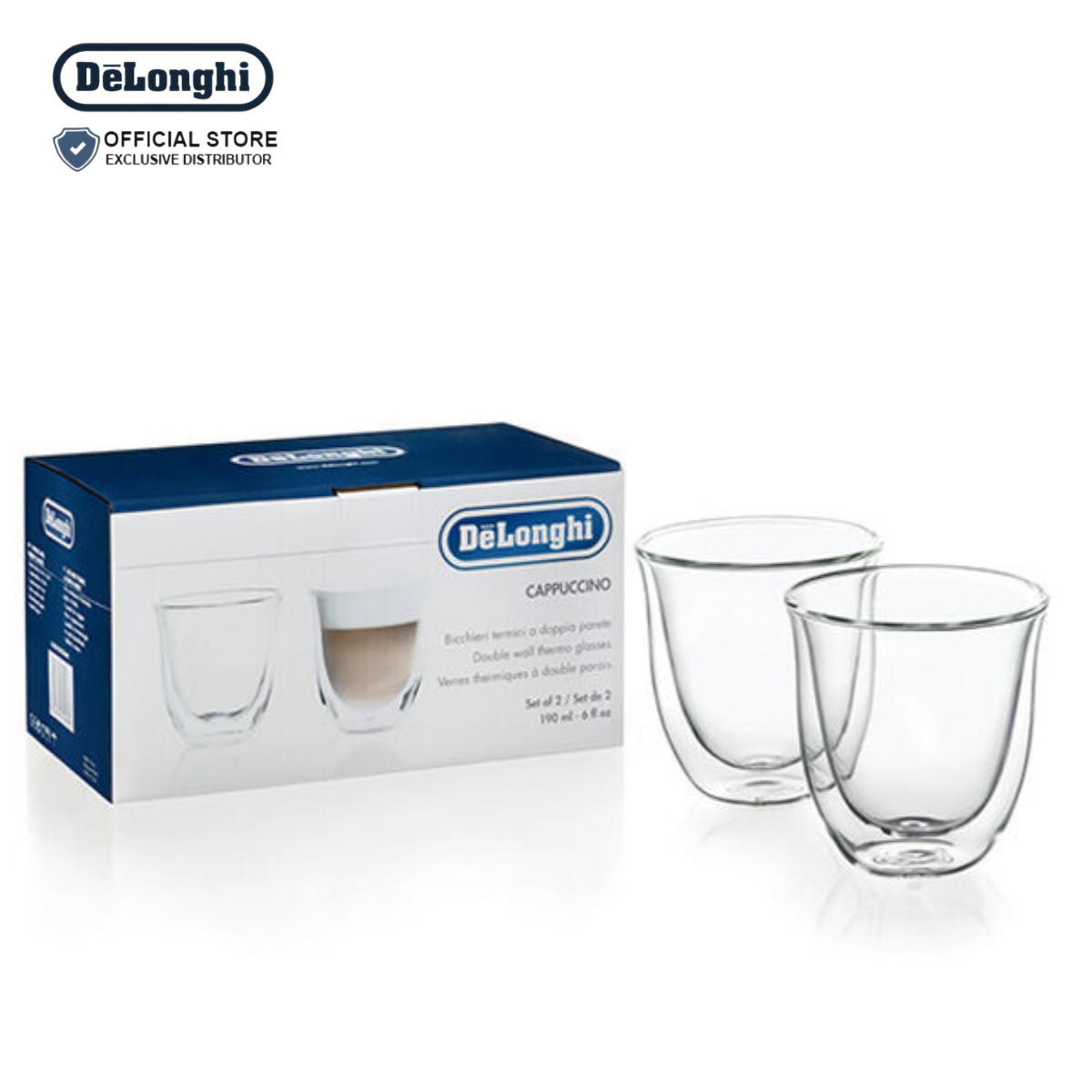 DeLonghi Double Wall Cappuccino Glasses 190ml Set of 2 - DLSC311