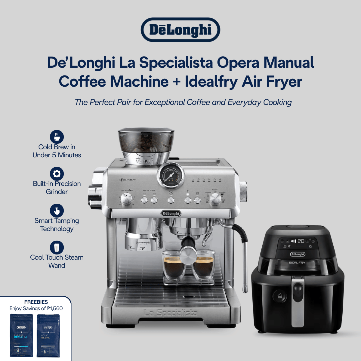 DeLonghi La Specialista Opera Metal Manual Coffee Espresso Machine EC9555.M with Idealfry Air Fryer FH2394 | Pair & Save Bundle