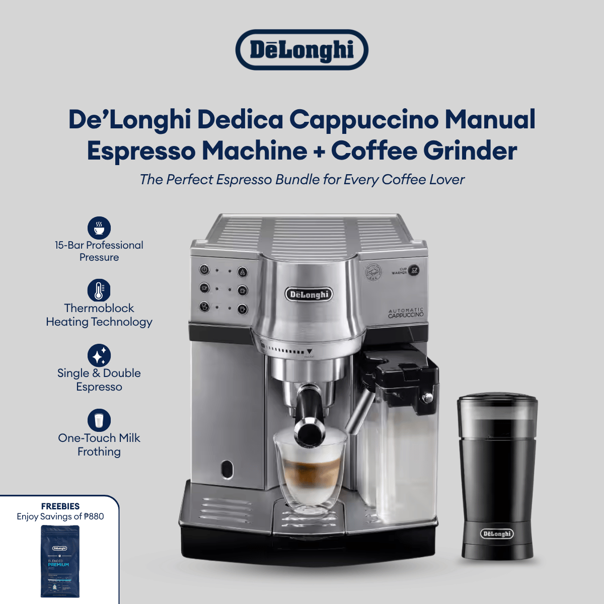 DeLonghi Dedica Cappuccino Manual Espresso Machine EC860 with Coffee Grinder KG200 | Pair & Bundle