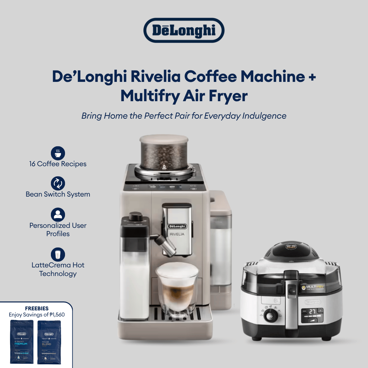 De'Longhi Automatic Coffee Machine Rivelia Sand Beige EXAM440.55.BG with Multifry Air Fryer FH1394 | Pair & Bundle